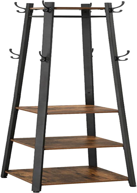 Coat Rack, Coat Stand with 3 Shelves, Hall Tree Free Standing with Hooks for Scarves, Bags, Umbrellas, Steel Frame, Industrial Style, for Entryway, Living Room, Rustic Brown and Black ULCR80X